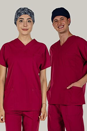 Bordo Üst Scrubs Terrycotton Doktor Hemşire Forma