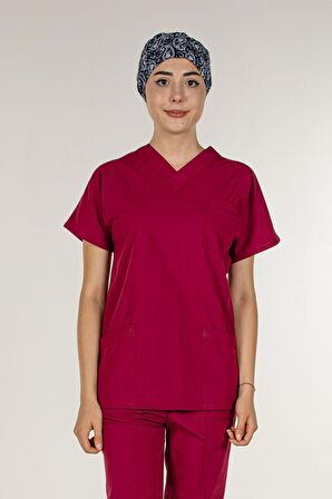 Bordo Üst Scrubs Terrycotton Doktor Hemşire Forma