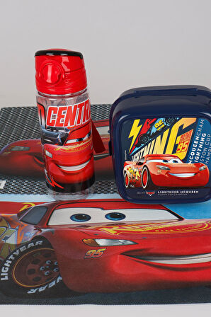 LİSANSLI CARS BESLENME ÖRTÜSÜ , TRITAN MATARA 500 ML VE 2 KATLI BESLENME KABI/LUNCH BOX SETİ 