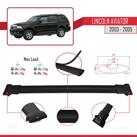 Lincoln Aviator 2003-2005 Arası ile Uyumlu FLY Model Ara Atkı Tavan Barı Siyah 2 Adet