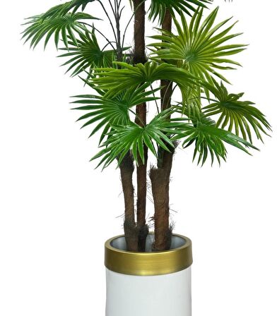 Yapay Ağaç Yelpaze Palmiye 4Katlı Fanpalm 32 Yaprak Altın Kemerli Beyaz Saksıda 170*65cm