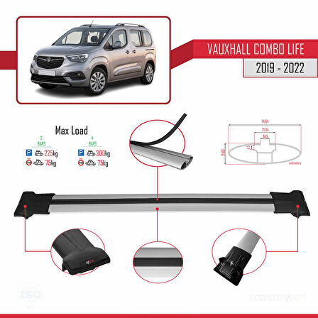 Vauxhall Combo E Life 2019-2022 Arası ile Uyumlu FLY Model Ara Atkı Tavan Barı Gri 3 Adet