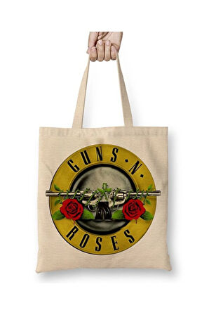 Guns N Roses Bez Çanta Uzun Saplı Alışveriş Çantası Plaj Çantası