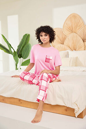 Kadın Pembe Viskon Kumaş İkili Pijama Takımı