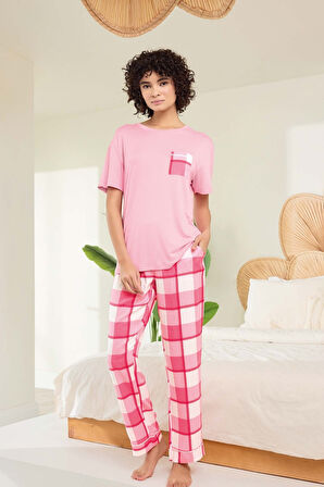Kadın Pembe Viskon Kumaş İkili Pijama Takımı