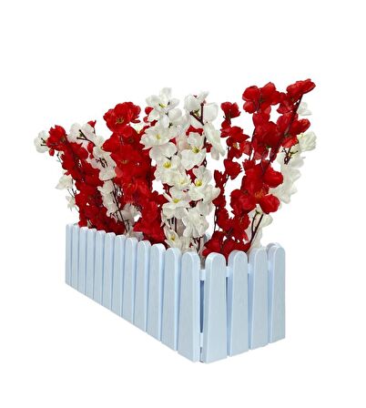 Yapay Çiçek Beyaz Çit Balkon Saksısı Kırmızı Beyaz Bahardalı 55*20cm