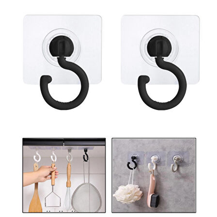 Microcase  Yapışkanlı 360° Döner Başlıklı Çok Amaçlı  Banyo Mutfak Eşya Vb. Kanca Askılık- SİYAH AL4942 2 Adet
