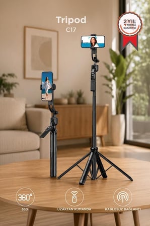 Delux Serisi Sunum Görsel İçerik Tripod Çok Amaçlı 1.6M Kamera Telefon Tutucu C17 Siyah