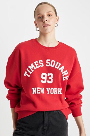 DeFacto Loose Fit Bisiklet Yaka Baskılı Kalın Kumaş Sweatshirt C7813AX24WNRD79