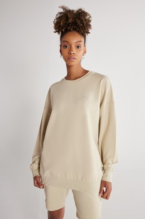 Unisex Bej Oversize Bol Kesim Bisiklet Yaka Pamuklu Esnek Sweatshirt