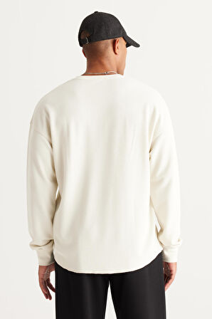 Erkek Bej Loose Fit Içi Polarlı 3 Iplik Bisiklet Yaka Jakarlı Sweatshirt