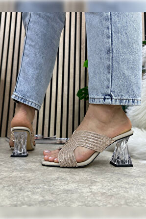 Günlük Kadın Terlik Taşlı Küt Burunlu Kalın Şeffaf Topuklu Rahat Tabanlı Hafif Yazlık 84