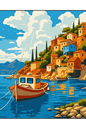 Sayılarla Boyama Seti 40x50 Cm (Çıtalı) Fırça Boya Dahil Numaralı Tuval Deniz Sandal Bina Manzaralı