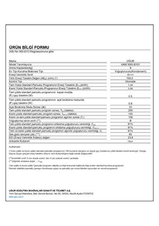 Uğur UKM 3093 B101 9 Kg A+++ Çamaşır Kurutma Makinesi