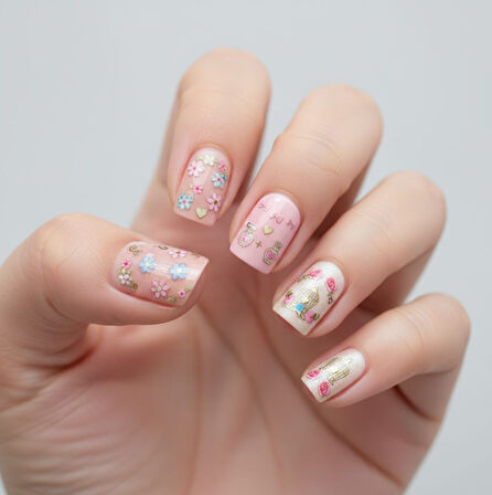 3 lü Nail Art Sticker Seti - 36 Adet (Kuş Kafesi, Kurdele ve Çiçek Desenleri)
