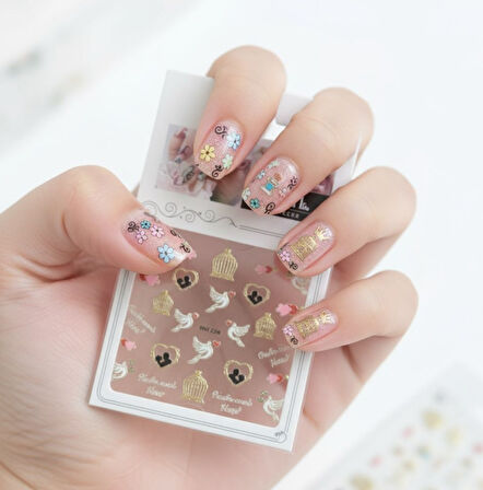 3 lü Nail Art Sticker Seti - 36 Adet (Kuş Kafesi, Kurdele ve Çiçek Desenleri)