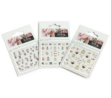 3 lü Nail Art Sticker Seti - 36 Adet (Kuş Kafesi, Kurdele ve Çiçek Desenleri)