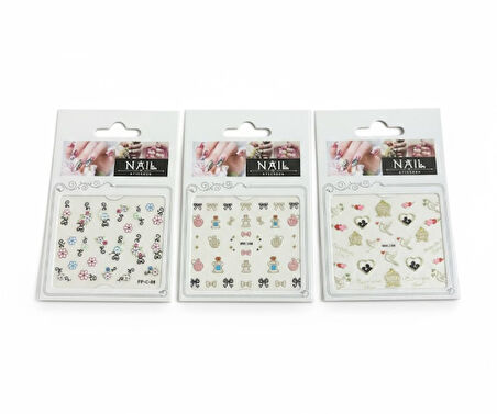 3 lü Nail Art Sticker Seti - 36 Adet (Kuş Kafesi, Kurdele ve Çiçek Desenleri)