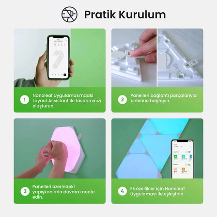 Nanoleaf Üçgen Akıllı RGBW Duvar Paneli Genişletme Paketi App Kontrollü, 3 Parça, Beyaz, Google Home, Alexa, Razer Chroma, Apple Home Destekli
