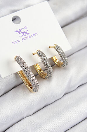 Pirinç Zirkon Taşlı 3'lü Oval Dikdörtgen Model Gold Ve Gümüş Renk Kadın Küpe - TJ-BKP11150
