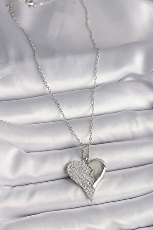 316L Çelik Gümüş Renk Zincir Zirkon Taşlı Kırık Kalp Model Kadın Kolye - TJ-BKO9756