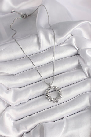 316L Çelik Gümüş Renk Zincir Zirkon Taş Detaylı Bombeli Halka Model Kadın Kolye - TJ-BKO9604