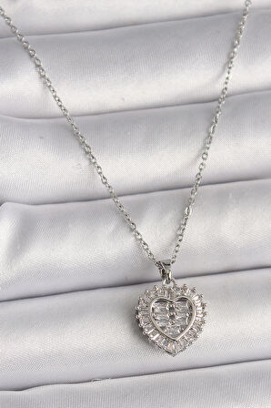 316L Çelik Gümüş Renk Zincir Zirkon Taşlı Kalp Model Kadın Kolye - TJ-BKO9787