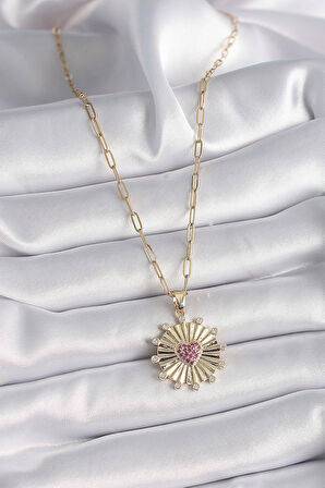 316L Çelik Gold Renk Pembe Zirkon Taşlı Kalp İşleme Madalyon Model Kadın Kolye - TJ-BKO9534