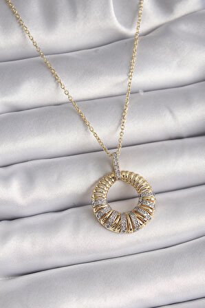 316L Çelik Gold Renk Zincir Gümüş Zirkon Taşlı Daire Model Kadın Kolye - TJ-BKO9481