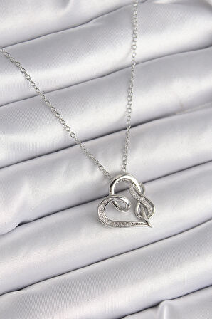 316L Çelik Gümüş Renk Zincir Zirkon Taş Detaylı Kalp Model Sonsuzluk Detay Kadın Kolye - TJ-BKO9584