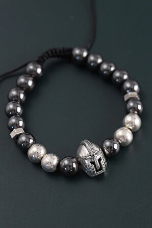 Doğal Taş Gladyatör Model Gümüş Ve Füme Renk Asansörlü Erkek Bileklik - TJ-EB3758