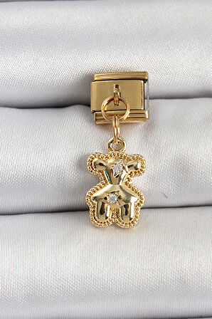 316L Çelik Sallantılı Zirkon Taşlı Ayıcık Model Gold Renk Nomination Charm - TJ-BC1410