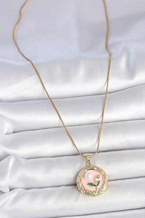 316L Çelik Gold Renk Zincir Pembe Çiçek İşlemeli inci Detay Portre Model Kadın Kolye - TJ-BKO10079