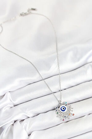 316L Çelik Zirkon Taşlı Nazar Model Gümüş Renk Kadın Kolye - TJ-BKO10543