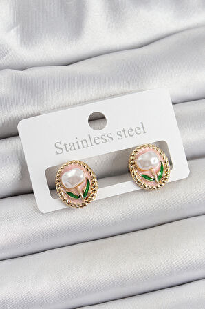 Pirinç Pembe Mineli Lale Figürlü Sanatsal Portre Model Gold Renk Kadın Küpe - TJ-BKP10672