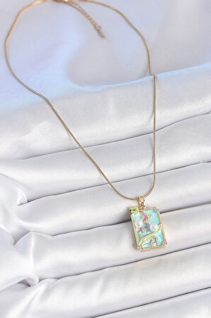 316L Çelik Gold Renk Zincir Mavi Mineli İncili Çiçek İşlemeli Portre Model Kadın Kolye - TJ-BKO10191