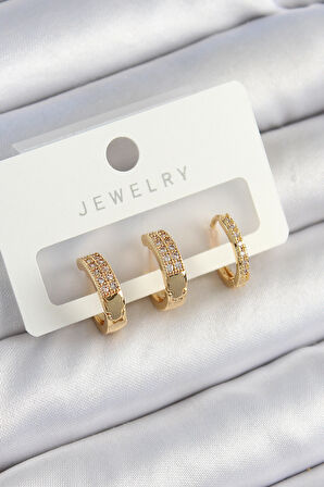 Pirinç Zirkon Taşlı Halka Model Gold Renk 3'lü Çift Kadın Küpe Set - TJ-BKP10838