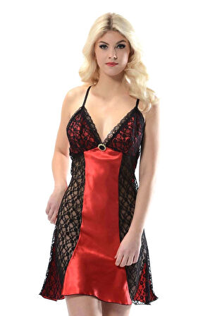 Kırmızı Siyah Dantelli Saten Gecelik - M-373