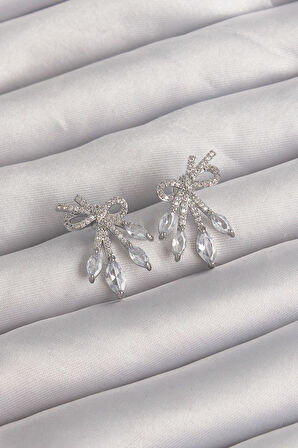 Pirinç Gümüş Renk Zirkon Taşlı Fiyonk Küpe - TJ-BKP9292