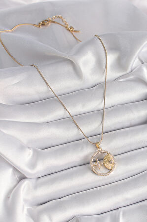316L Çelik Gold Renk Zincir Zirkon Taşlı Yıldız İşleme Madalyon Model Kadın Kolye - TJ-BKO9636