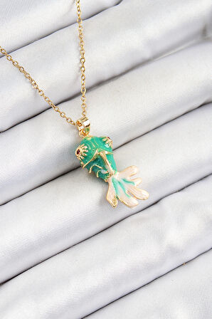 316L Çelik Zincir Yeşil Balık Model Gold Renk Kadın Kolye - TJ-BKO10323