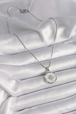 316L Çelik Gümüş Renk Zincir Beyaz Sedefli Zirkon Taşlı Yıldız İşleme Model Kadın Kolye - TJ-BKO9635