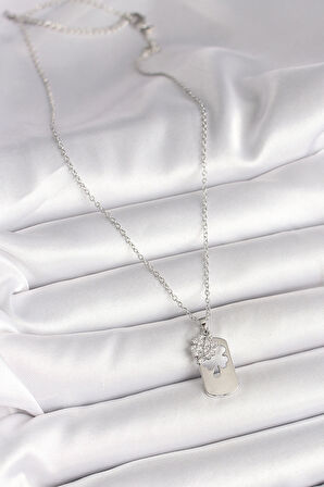 316L Çelik Gümüş Renk Zincir Zirkon Taşlı Yonca Model Kadın Kolye - TJ-BKO9955