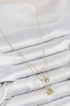 Pirinç Zirkon Taşlı Yıldız Ve Ay Model Gold Renk Kadın Kolye - TJ-BKO10422