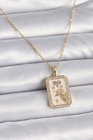 316L Çelik Gold Renk Zincir Koç Burcu Zirkon Taşlı Kadın Kolye - TJ-BKO9462