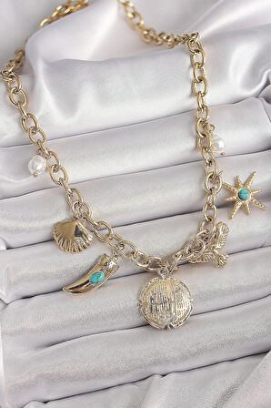 316L Çelik Gold Renk Zincir Sallantılı Çoklu Figür Model Kadın Kolye - TJ-BKO9849