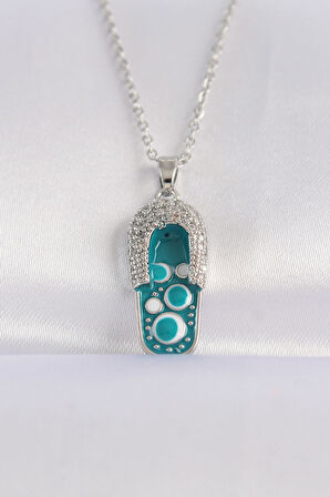 316L Çelik Zincir Zirkon Taşlı Gümüş Renk Nazarlı Terlik Tasarımlı Kolye - TJ-BKO8665