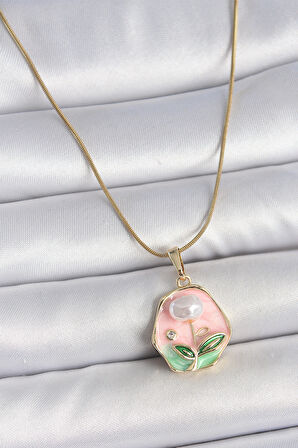 316L Çelik Gold Renk Zincir Pembe Çiçek İşlemeli İnci Detay Portre Model Kadın Kolye - TJ-BKO10125