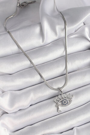 316L Çelik Gümüş Renk İtalyan Zincir Zirkon Taşlı Göz Model Kadın Kolye - TJ-BKO9598