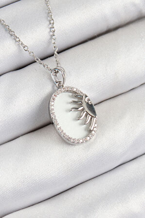 316L Çelik Zirkon Taşlı Yarım Güneş Model Gümüş Renk Kadın Kolye - TJ-BKO10344